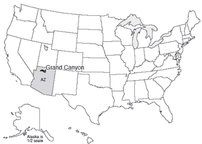 Map of the U.S. with Grand Canyon National Park highlighted in north-central Arizona.